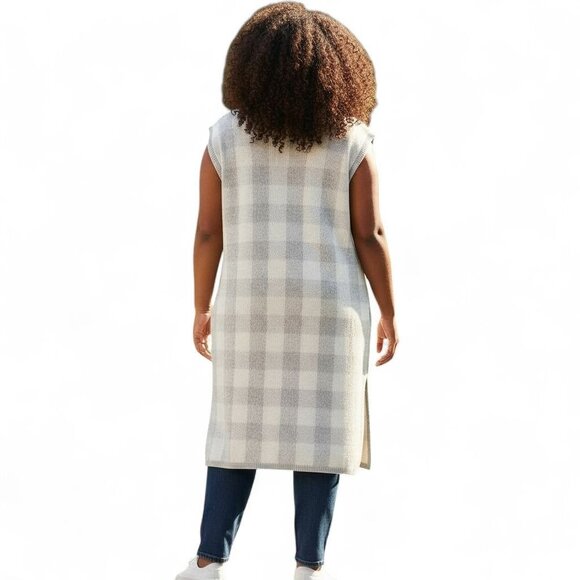 Lane Bryant Womens Plaid Duster Sweater Vest Open Front Gray & White 18/20 - Picture 11 of 14